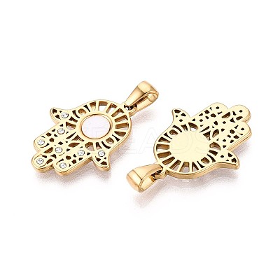 304 Stainless Steel Crystal Rhinestone and Shell Hamsa Hand Pendants STAS-T071-14G-1