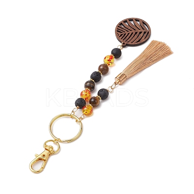 Lava Rock & Tiger Eye & Resin & Wood Tassels Keychain KEYC-JKC00920-1