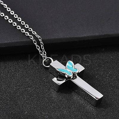 304 Stainless Steel Enamel Butterfly Cross Pendant Urn Ashes Necklaces NJEW-K393-03P-1