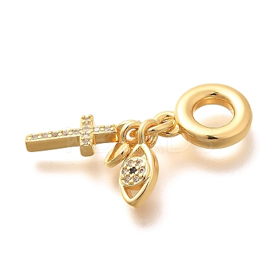 Brass Clear Cubic Zirconia Cross & Eye & Heart European Dangle Charms KK-U048-21G-1