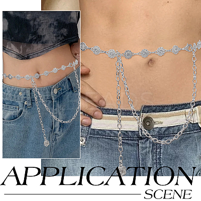 1Pc Iron Rhinestone Sparkling Flower Link Chains Belt with Alloy Cable Chains AJEW-FG0003-49-1