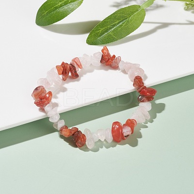 Natural Carnelian(Dyed) & Rose Quartz Chips Beads Stretch Bracelet for Women BJEW-AL00003-17-1