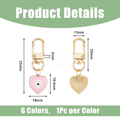 6Pcs 6 Colors Heart with Evil Eye Alloy Enamel Pendant Decoration KEYC-DC0001-27-1