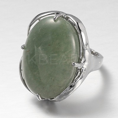 Adjustable Oval Brass Natural Green Aventurine Wide Band Rings RJEW-L062-03E-1