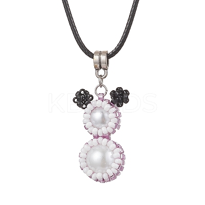 Glass Seed Beads & Glass Pearl Round Beaded Bear Pendant Waxed Cotton Cord Necklaces for Women Men NJEW-MZ00126-02-1