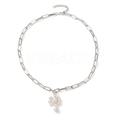 Flower Glass Seed Bead & Shell Pearl Pendant Necklaces NJEW-JN04740-1