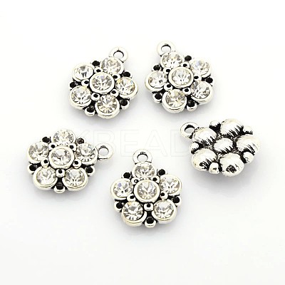 Antique Silver Plated Alloy Rhinestone Flower Pendants ALRI-N016-05-1