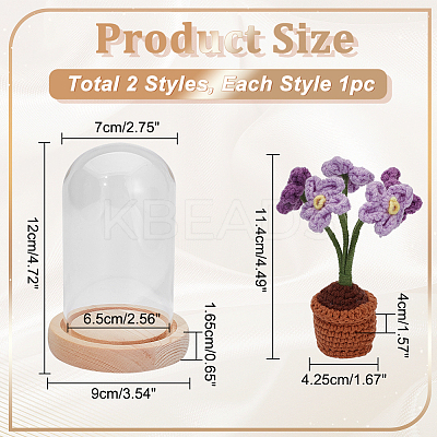 1 Set Glass Cloche Bell Jar Terrarium with 1Pc Handmade Knitting Crochet Artificial Myosotis Sylvatica Potted DJEW-WR0001-01A-1