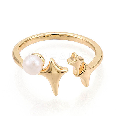Brass & Natural Pearls Adjustable Open Cuff Rings for Women PEAR-N020-07I-1