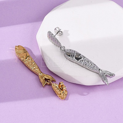 Fish 304 Stainless Steel Dangle Stud Earrings EJEW-A140-01GP-1