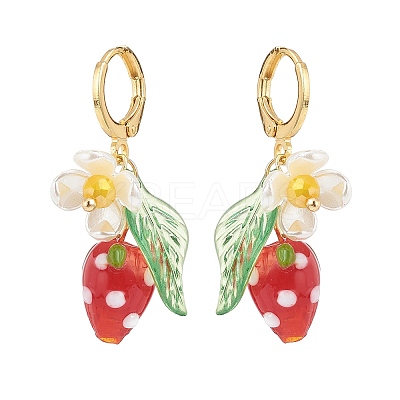 Lampwork Strawberry with Plastic Pearl Flower Dangle Leverback Earring X-EJEW-TA00130-1