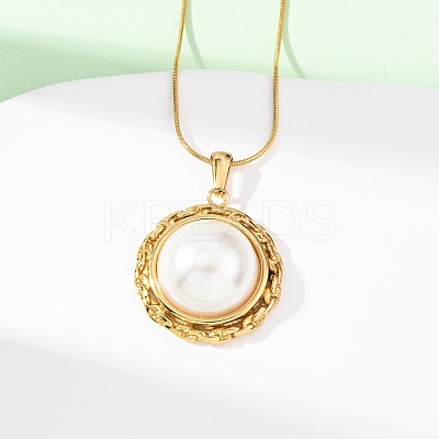 304 Stainless Steel & Acrylic Imitation Pearl Half Round Pendant Snake Chain Necklaces for Women NJEW-F354-07G-1