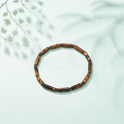 Natural Tiger Eye Column & Synthetic Hematite Stretch Bracelet BJEW-JB08458-01-1