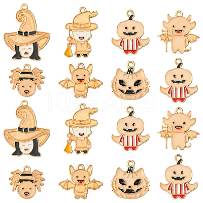 14Pcs 7 Styles Halloween Theme Rack Plating Luminous Alloy Enamel Pendants ENAM-FS0002-10G-1