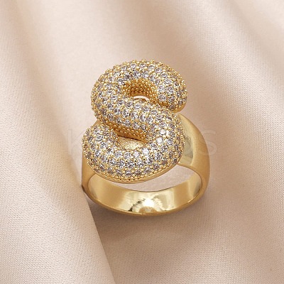 Brass Micro Pave Clear Cubic Zirconia Letter Open Cuff Ring for Women RJEW-M173-01G-S-1