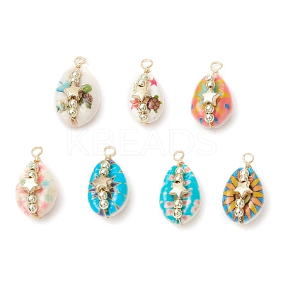 Printed Natural Cowrie Shell Copper Wire Wrapped Pendants PALLOY-JF03954-01-1