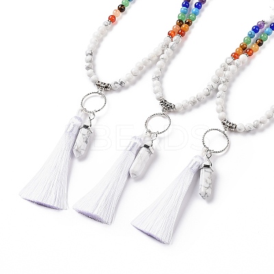 Natural Howlite Bullet & Tassel Pendant Necklace with Mixed Gemstone Beaded Chains NJEW-E585-02H-1