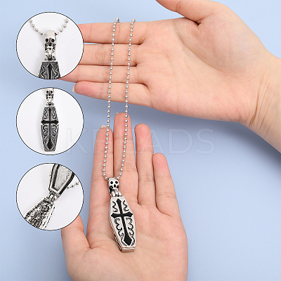 Stainless Steel Skull Coffin Urn Ashes Pendant Necklace NJEW-CA0001-11-1