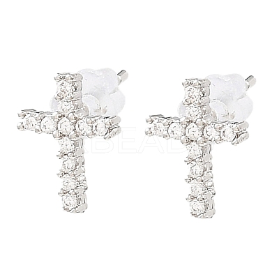 Cross Brass Micro Pave Cubic Zirconia Stud Earrings EJEW-L270-22P-1