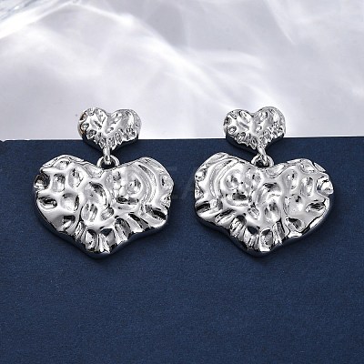 Hammered Heart Brass Dangle Stud Earrings EJEW-R025-23P-1