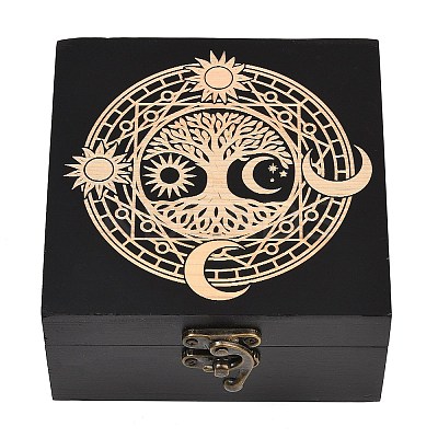 (Defective Closeout Sale: Dents)Engraved Pine Wood Tarot Box for Cards Crystal Holder WD-XCP0001-03-1
