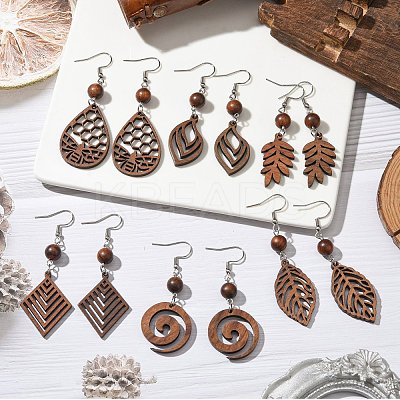 6 Pairs 6 Styles Natural Walnut Wood Dangle Earrings for Women EJEW-JE06101-1