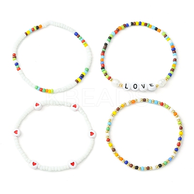 4Pcs 4 Styles Love Theme Glass Seed Beaded Stretch Bracelets Sets BJEW-TA00323-1
