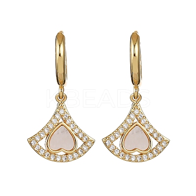 Fan with Heart Brass Micro Pave Clear Cubic Zirconia Hoop Earrings KK-D363-13G-1