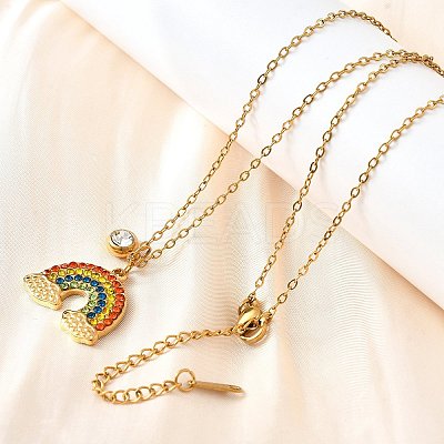 304 Stainless Steel Rhinestone Rainbow Pendant Necklaces for Women NJEW-U043-03G-1