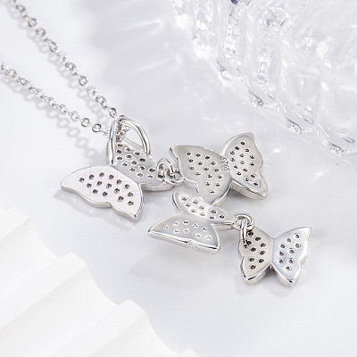Brass Micro Pave Clear Cubic Zirconia 4 Butterfly Pendant Necklaces for Women FS-WG1F8BB-01-1