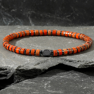 Dyed Natural Imperial Jasper & Synthetic Non-magnetic Hematite Beads Stretch Bracelets for Men LS-EG0676-5-1