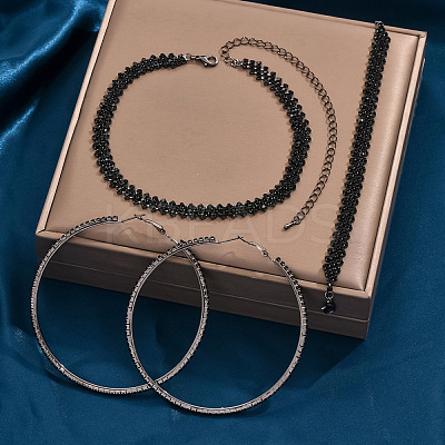 Alloy with Jet Rhinestone Chain Necklace & Hoop Earring & Bracelet FS-WG9D127-03-1
