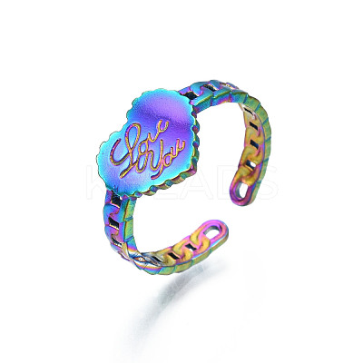 Ion Plating(IP) Rainbow Color 304 Stainless Steel Heart with Word Love You Open Cuff Ring for Women RJEW-S405-261M-1