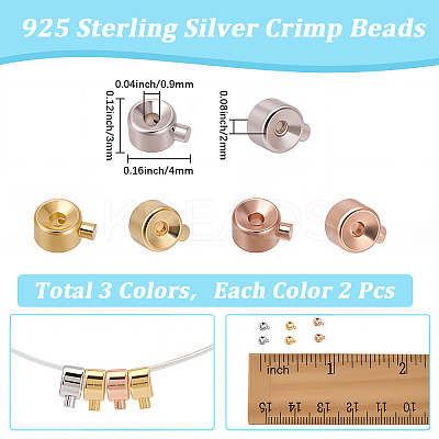 6Pcs 3 Colors 925 Sterling Silver Crimp Beads FIND-BBC0004-70-1