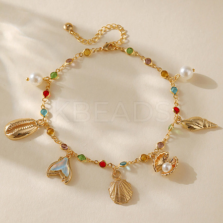 Bohemian Brass Glass Flat Round Link Chain Anklets AJEW-Z046-09G-1