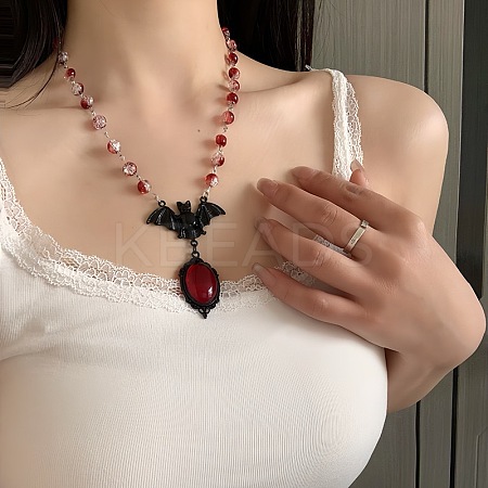 Alloy Red Glass Bat Pendant Round Glass Link Necklaces for Halloween NJEW-H075-02PEB-1