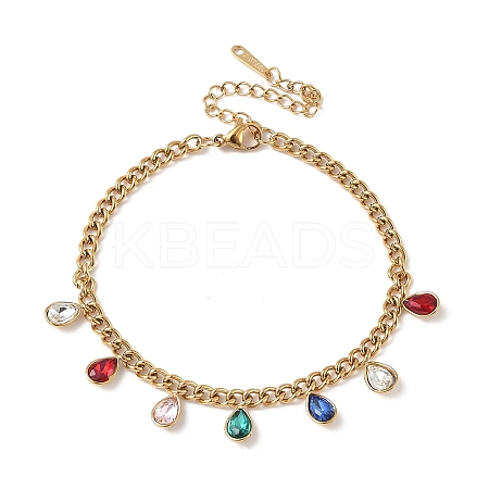 304 Stainless Steel Rhinestone Teardrop Charm Bracelets BJEW-V011-01G-03-1