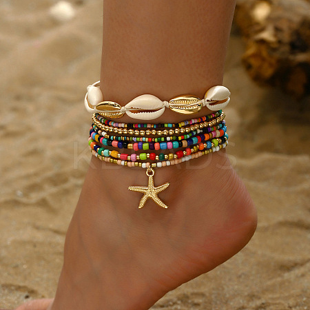 7Pcs 7 Styles Summer Beach Glass Seed Beaded & Natural Shell & Alloy Starfish Charm Anklets WG60733-01-1