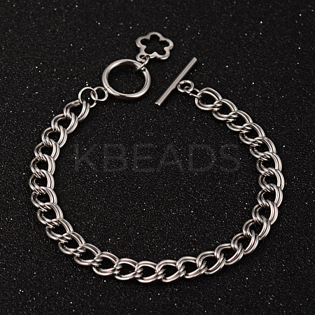 Tarnish Resistant Flower 304 Stainless Steel Double Link Chain Bracelets LS-BJEW-K064-P-1