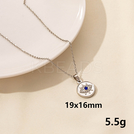 Stylish Stainless Steel Rhinestones Flat Round with Evil Eye Pendant Necklace QQ6499-7-1