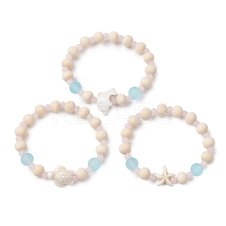3 Pcs Synthetic Turquoise & Wood & Glass Beaded Stretch Bracelets for Boys Girls BJEW-JB11129-1