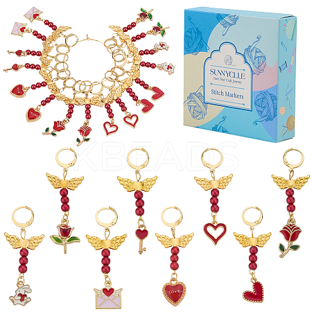 Valentine's Day Theme 8Pcs Alloy Enamel & Acrylic Pendant Locking Stitch Markers HJEW-SC00102-1
