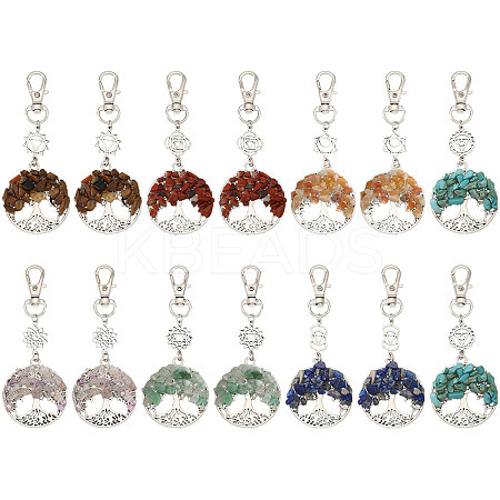14Pcs 7 Styles Chakra Natural & Synthetic Gemstone Chips Beads & Alloy Tree of Life Pendant Decorations HJEW-FH00150-1
