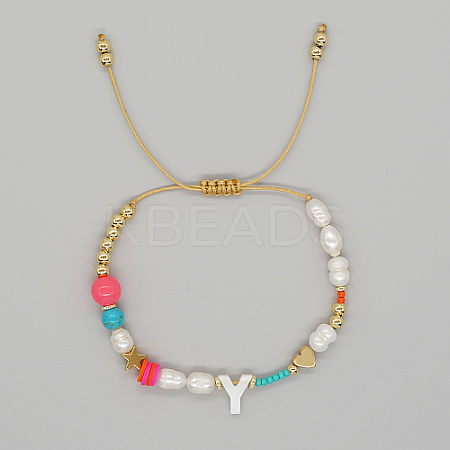 Initial Letter Natural Pearl Braided Bead Bracelet LO8834-25-1