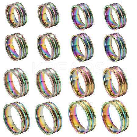16Pcs 8 Styles 201 Stainless Steel Double Groove Band Ring for Women RJEW-SC0001-25-1