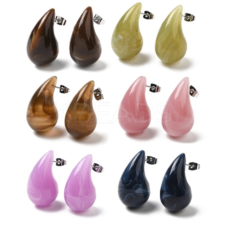 Resin Teardrop Stud Earrings with Brass Pins for Women EJEW-K248-17P-1