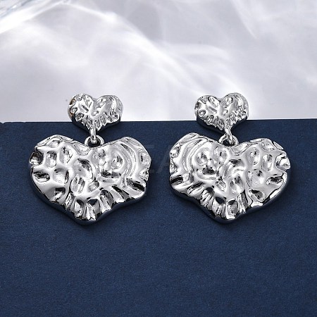 Hammered Heart Brass Dangle Stud Earrings EJEW-R025-23P-1