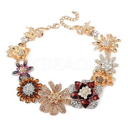 Flower Alloy Colorful Rhinestone Bib Necklaces for Women NJEW-F357-05KCG-1