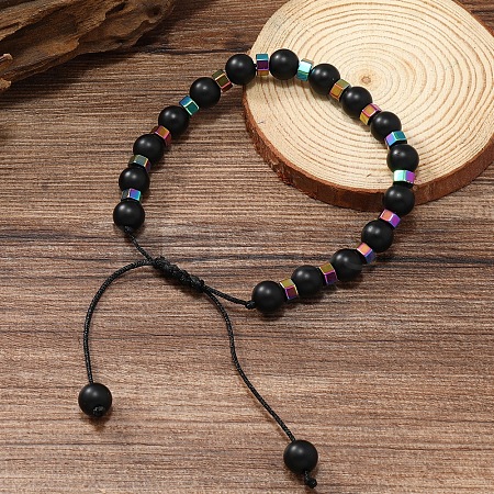 Adjustable Round Wood & synthetic Non-magnetic Hematite Braided Bead Bracelets for Men MC4524-1-1