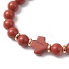 Natural Red Jasper Cross Round Beaded Stretch Bracelets for Men Women BJEW-JB12258-02-3